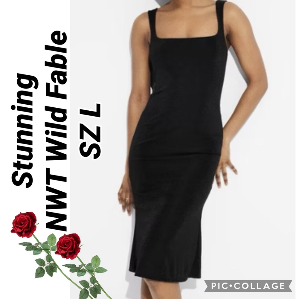 NWT~Black WILD FABLE Jersey Knit Bodycon fully lined dress Square neck Luxury Lg